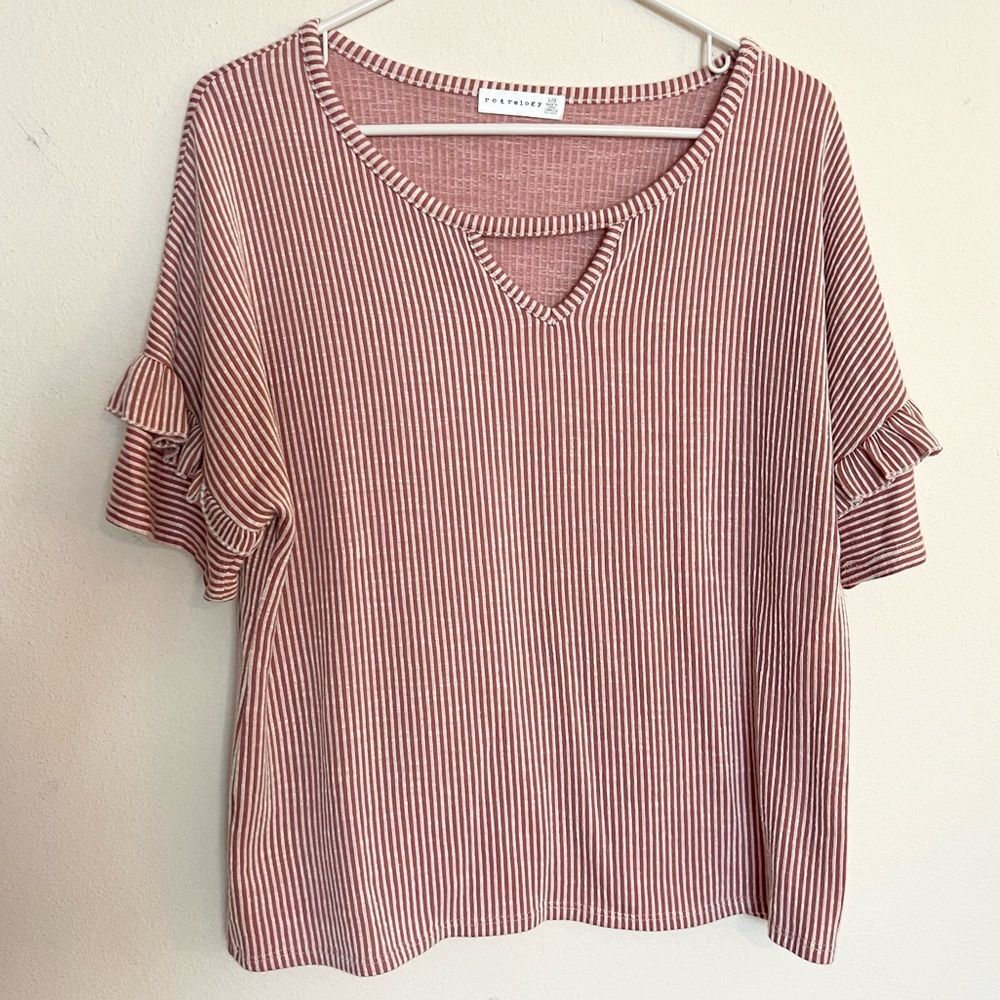 Retrology Soft Pink Stripe Ruffle Short Sleeve Top Tee T-Shirt Cutout V-Neck